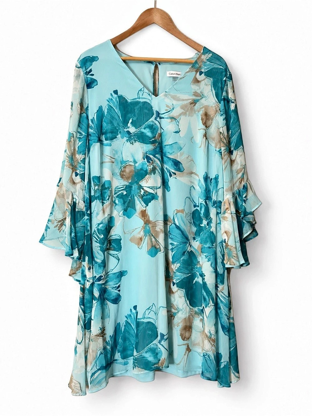 Calvin Klein Floral Print Crinkle Chiffon V-Neck Bell Sleeve Dress Blue & Brown